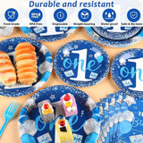 Boy 1st Birthday Party Tableware Set Blue 96 Pcs 24 Guests Paper