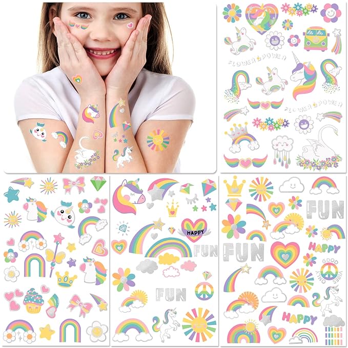 Temporary Tattoo for Kids Unicorn Rainbow Flower Cute-118 Glitter