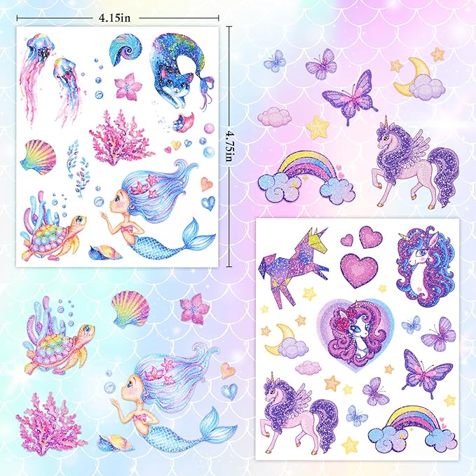 Ozepao Glitter Temporary Tattoo for Girls, 12 Sheets Mermaid Unicorn