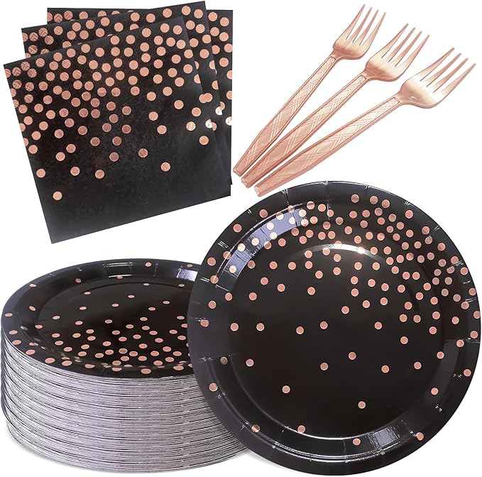 Serve 35 Guests Black and Rose Gold Party Supplies,7 Inch Black and