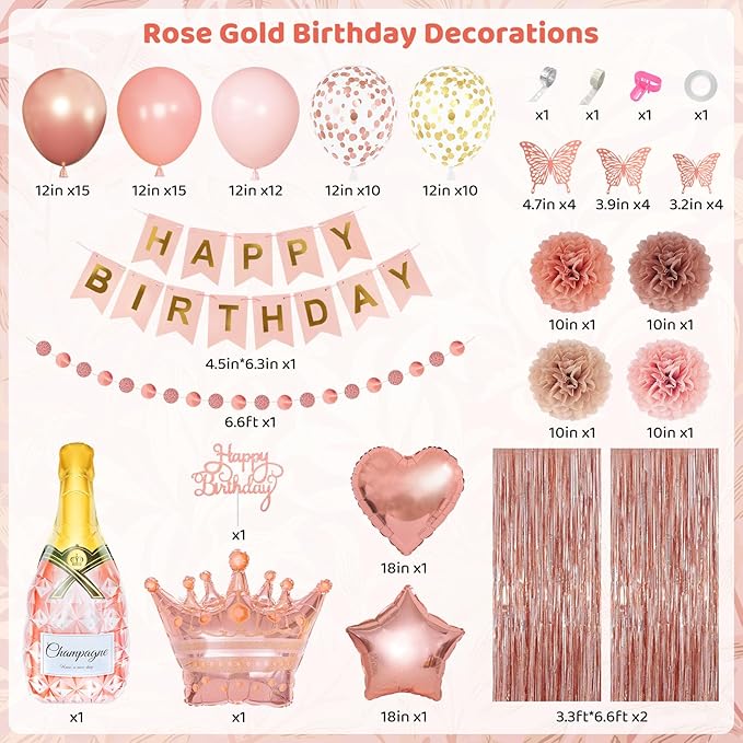 Ouddy Life Rose Gold Birthday Party Decorations for Women Girls,