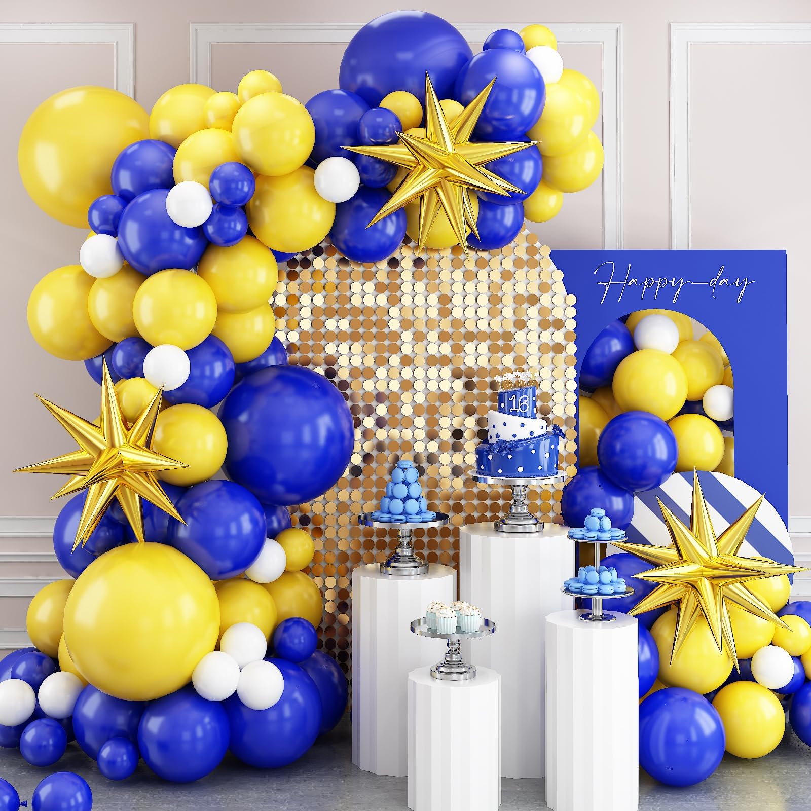 Blue and Yellow Balloon Arch Kit, Royal Blue White Yellow Balloon