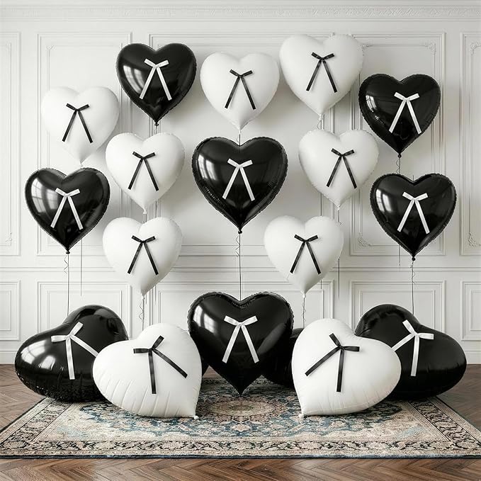 Black White Heart Balloons with Ribbon Bow, 18 Inch Matt Black and