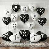 Black White Heart Balloons with Ribbon Bow, 18 Inch Matt Black and