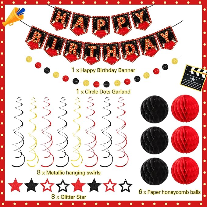 24 Pcs Movie Night Theme Happy Birthday Banner Decorations Movie