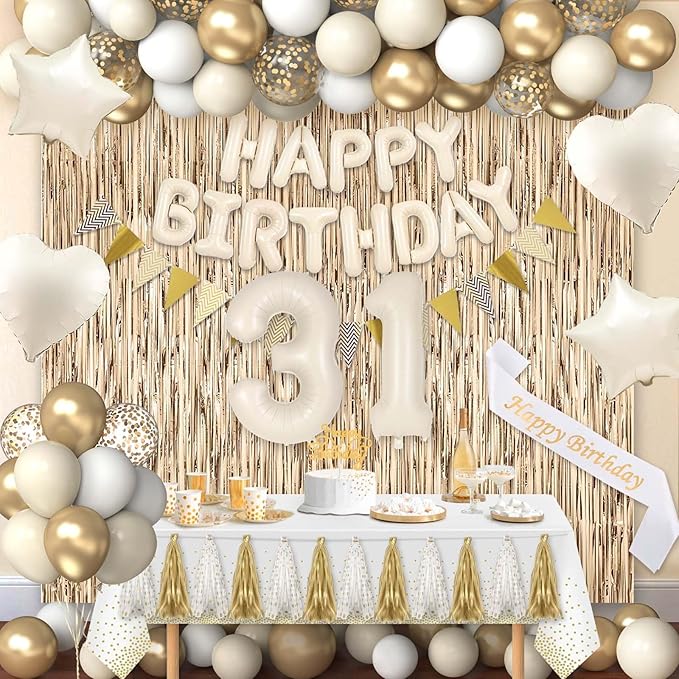 31st Birthday Decorations for Women, White and Gold 31 Boho Birthday