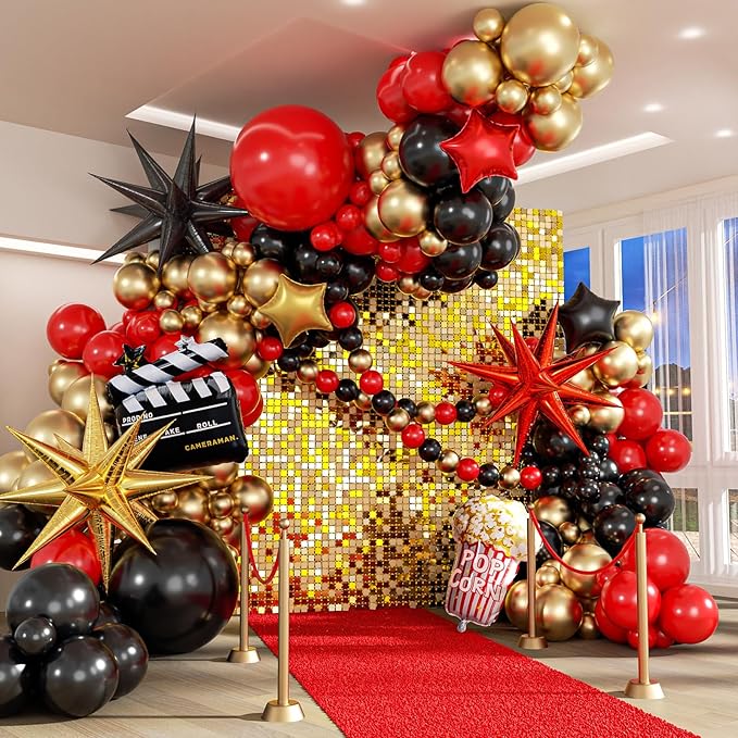 Movie Night Balloon Arch Garland Kit with Red Black and Gold Balloons