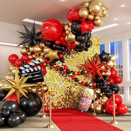 Movie Night Balloon Arch Garland Kit with Red Black and Gold Balloons
