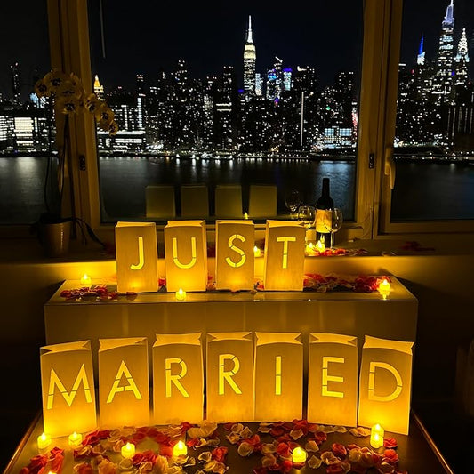 Just Married Light Up Letters with Tea Lights Candles and Rose