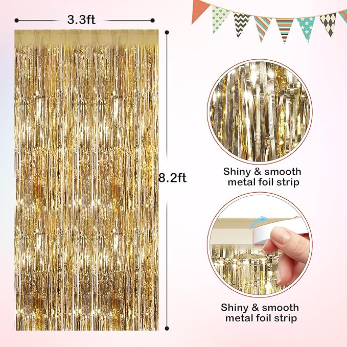 Champagne Gold Metallic Tinsel Foil Fringe Curtains, 2 Pack 3.3x8.3