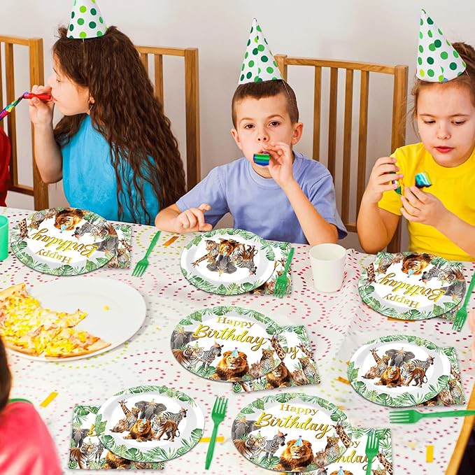 96Pcs Jungle Animals Plates and Napkins Safari Happy Birthday Party