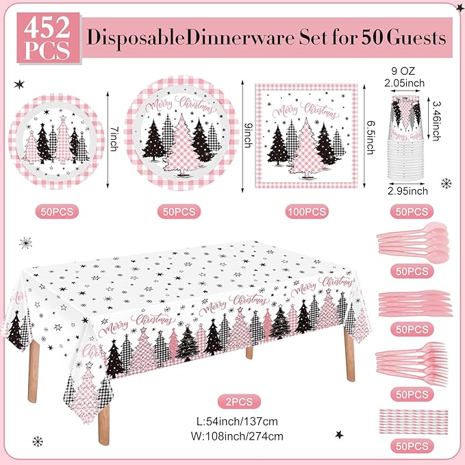452 Pcs Pink Christmas Party Decoration for 50 Buffalo Plaid Gingham