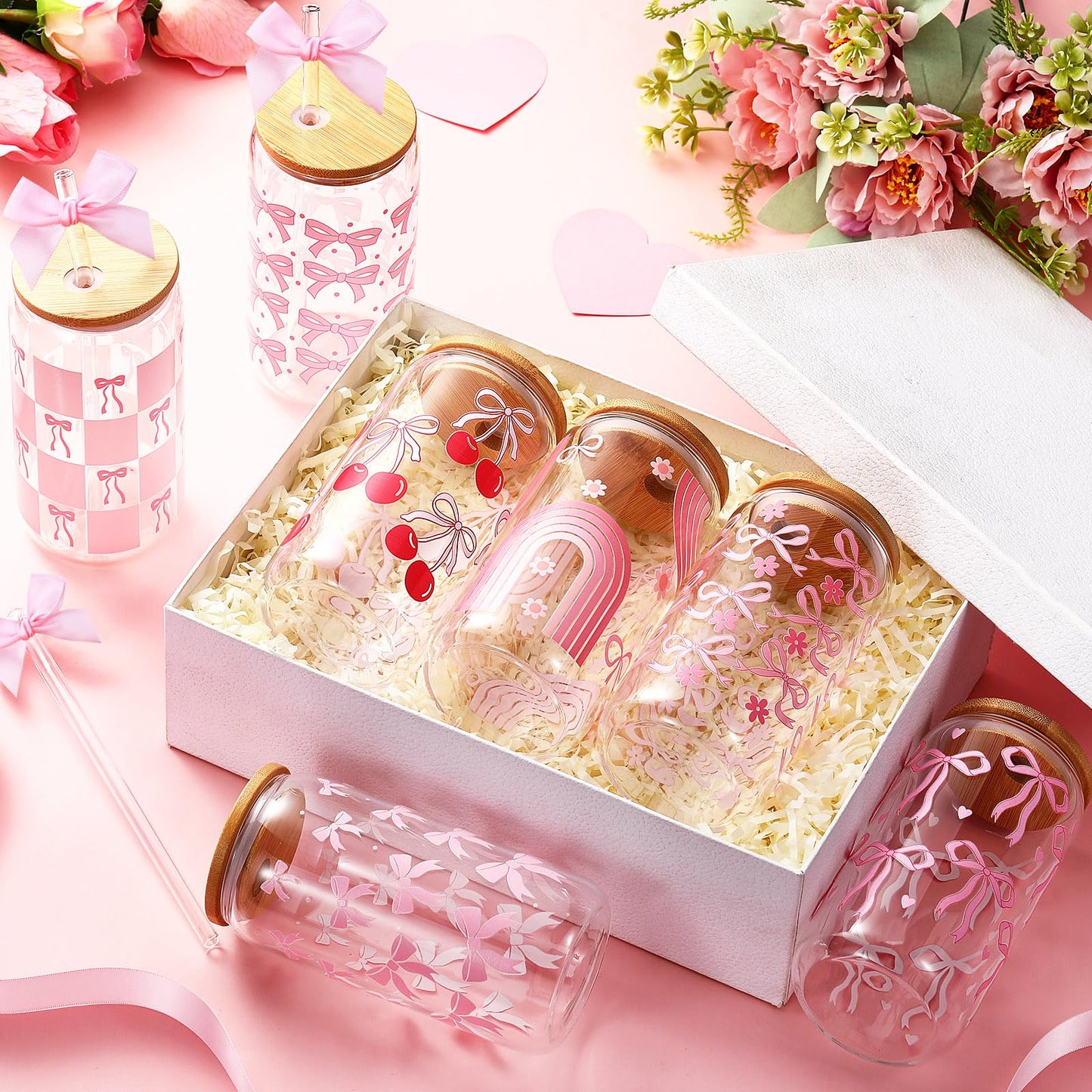 Yetene 12 Sets Mother's Day Pink Bow Glass Cups Gifts 16 oz Cute Bow