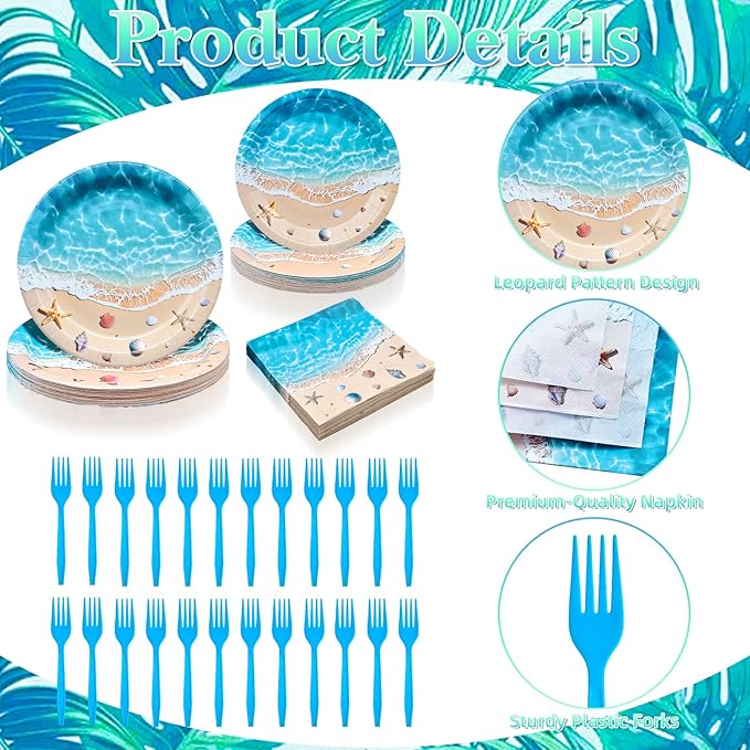 100 Pcs Summer Beach Tableware Party Supplies Disposable Ocean Waves