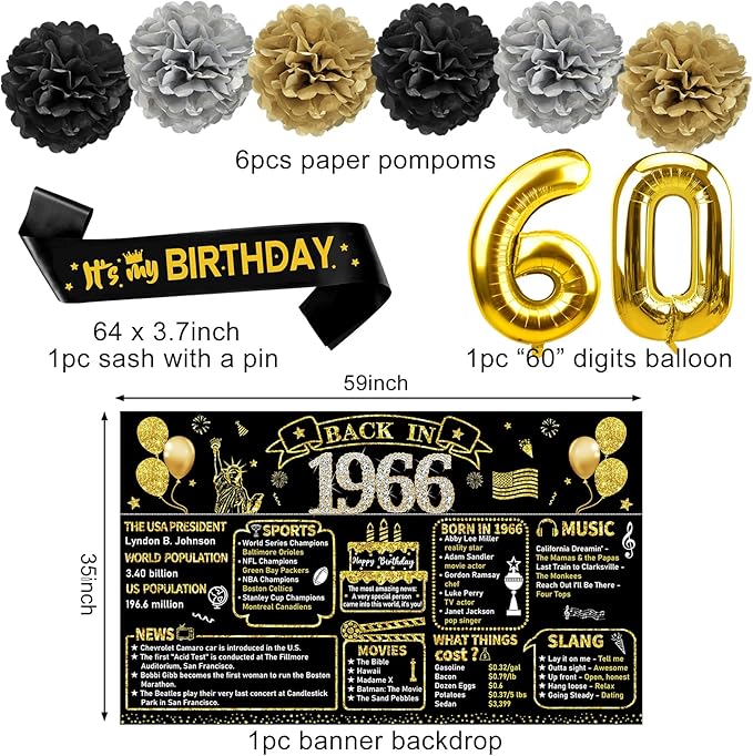 60th Birthday Decorations for Men Women 21pcs the Year 1966 Banner