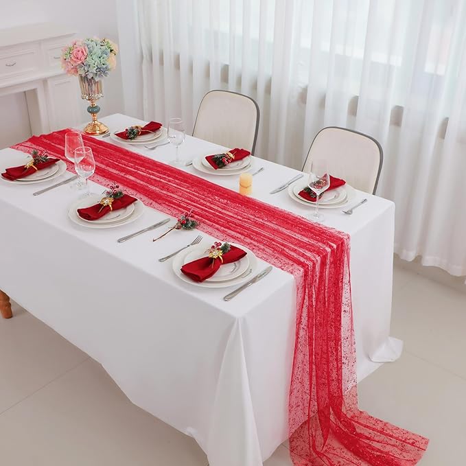 Snowkingdom Red Christmas Table Runner 10 FT, Glitter Metallic Foil