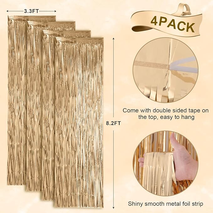 Voircoloria 4 Pack Champagne Foil Fringe Backdrop Curtains, Tinsel