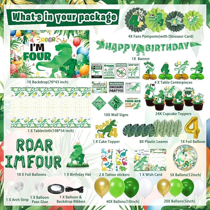 Roar Im 4 Dinosaur Party Decorations 134Pcs 4th Dinosaur Dino