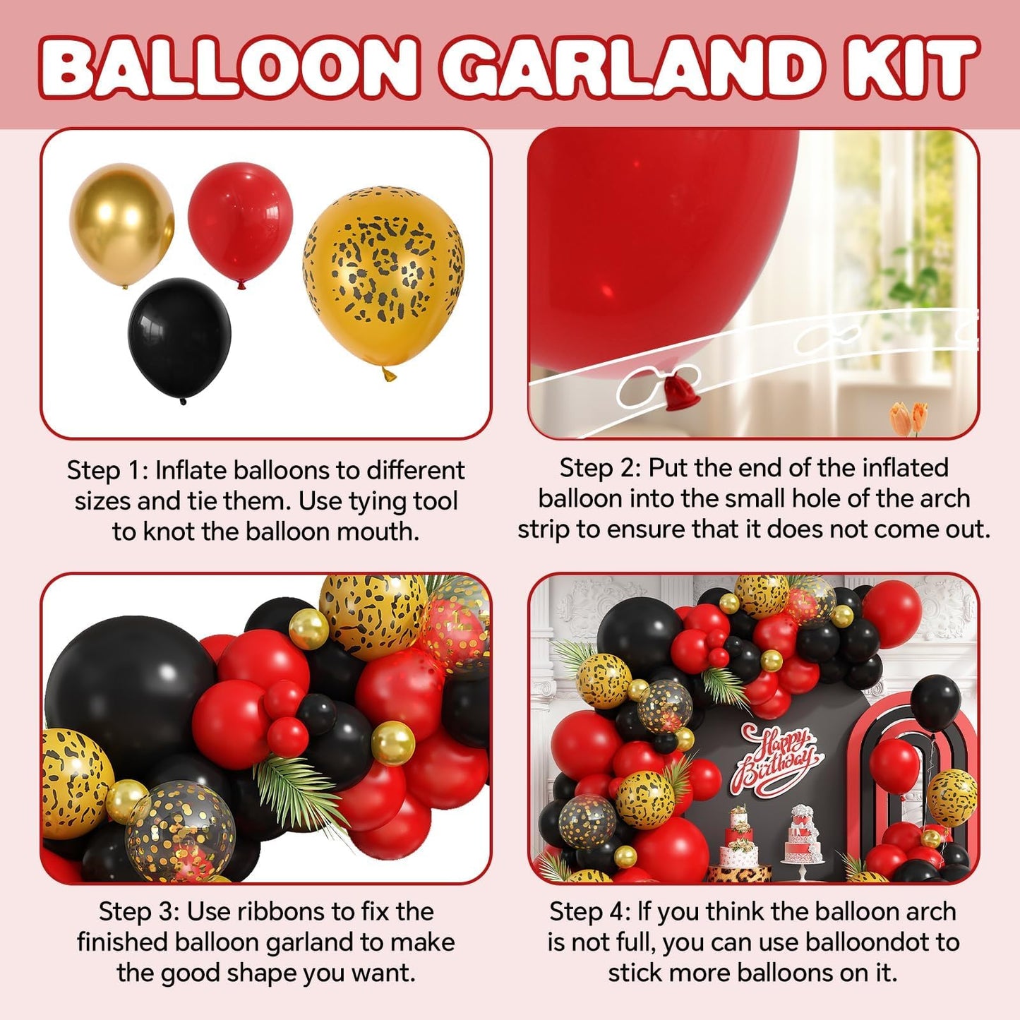 Red and Black Cheetah Print Balloons Arch Kit, Black Red Balloons
