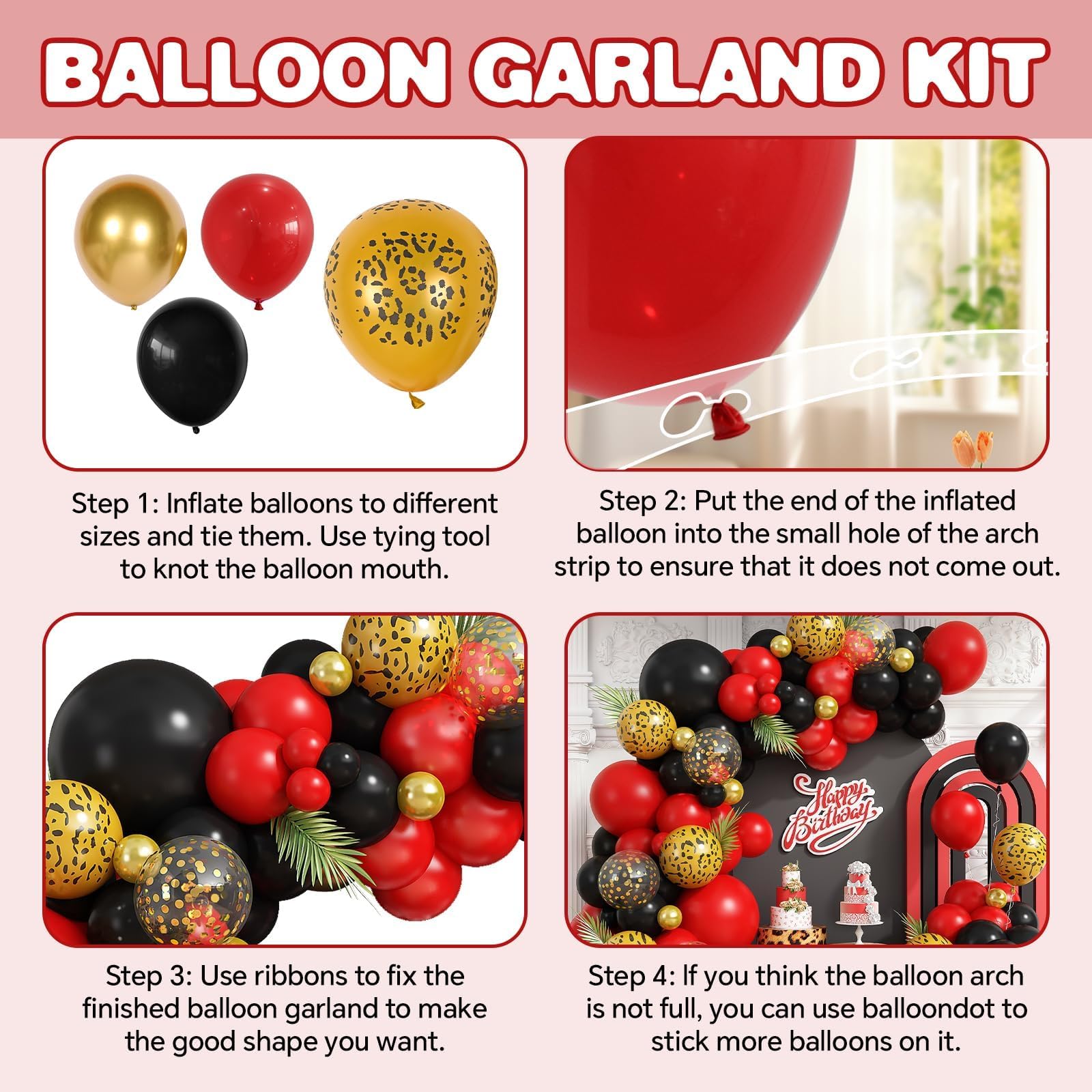 Red and Black Cheetah Print Balloons Arch Kit, Black Red Balloons