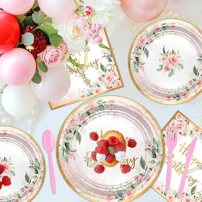 168 PCS Rose Gold Birthday Party Decorations Pink Floral Birthday
