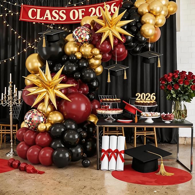 Burgundy Balloon Arch Kit,Black Gold Maroon Balloon Garland with Star
