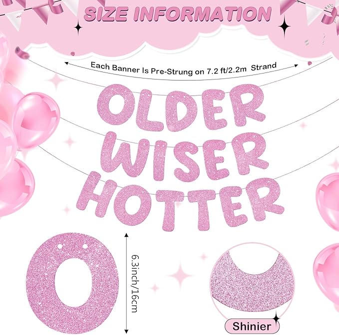 Fulmoon Set of 3 Pre Strung Older Wiser Hotter Glitter Banner Funny