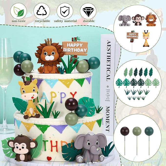40 Pcs Safari Animal Cake Topper Realistic Jungle Wild Cake Toppers