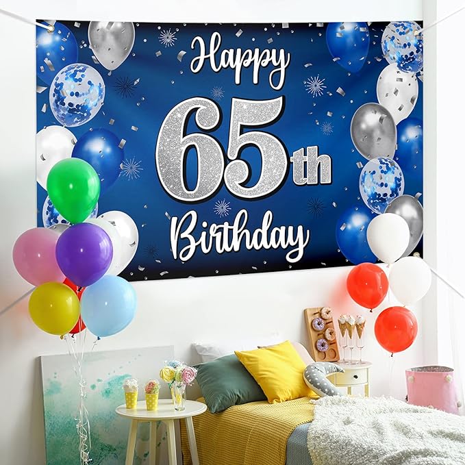 Happy 65th Birthday Decorations 65th Blue & Silver Balloon Large