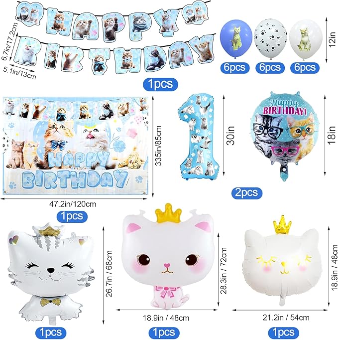 142Pcs Cat Birthday Decorations Cat 1st Birthday Party Supplies Cat