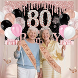 80th Birthday Decorations for Women 49pcs Black Rose Gold Black