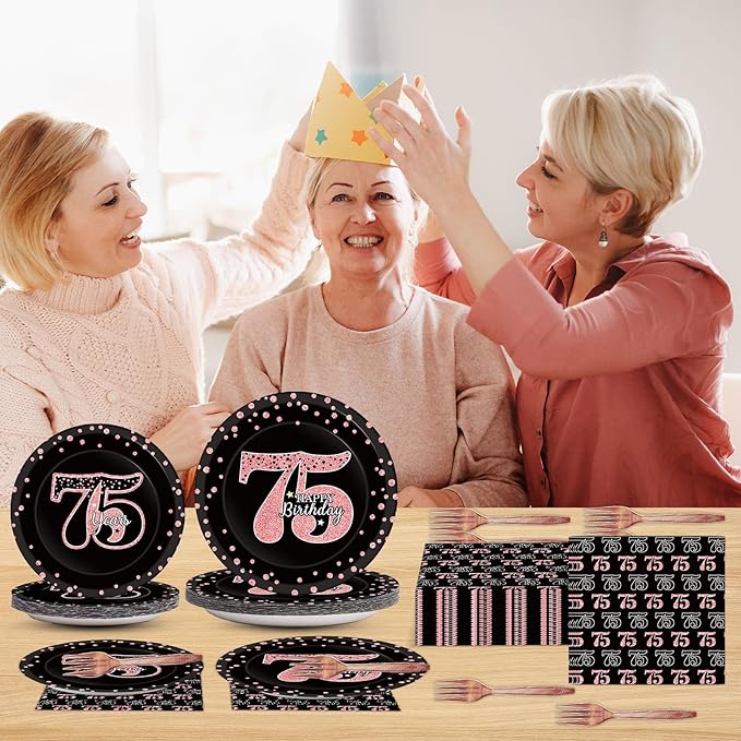96 Pcs 75th Birthday Plates and Napkins Party Supplies Happy 75th