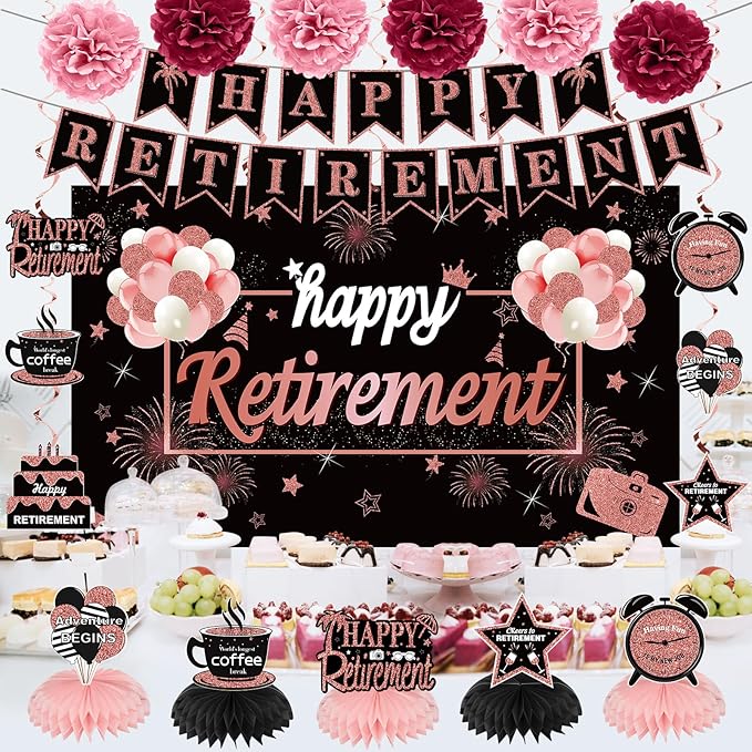 20PCS Happy Retirement Party Decorations Kit for Women Rose Gold