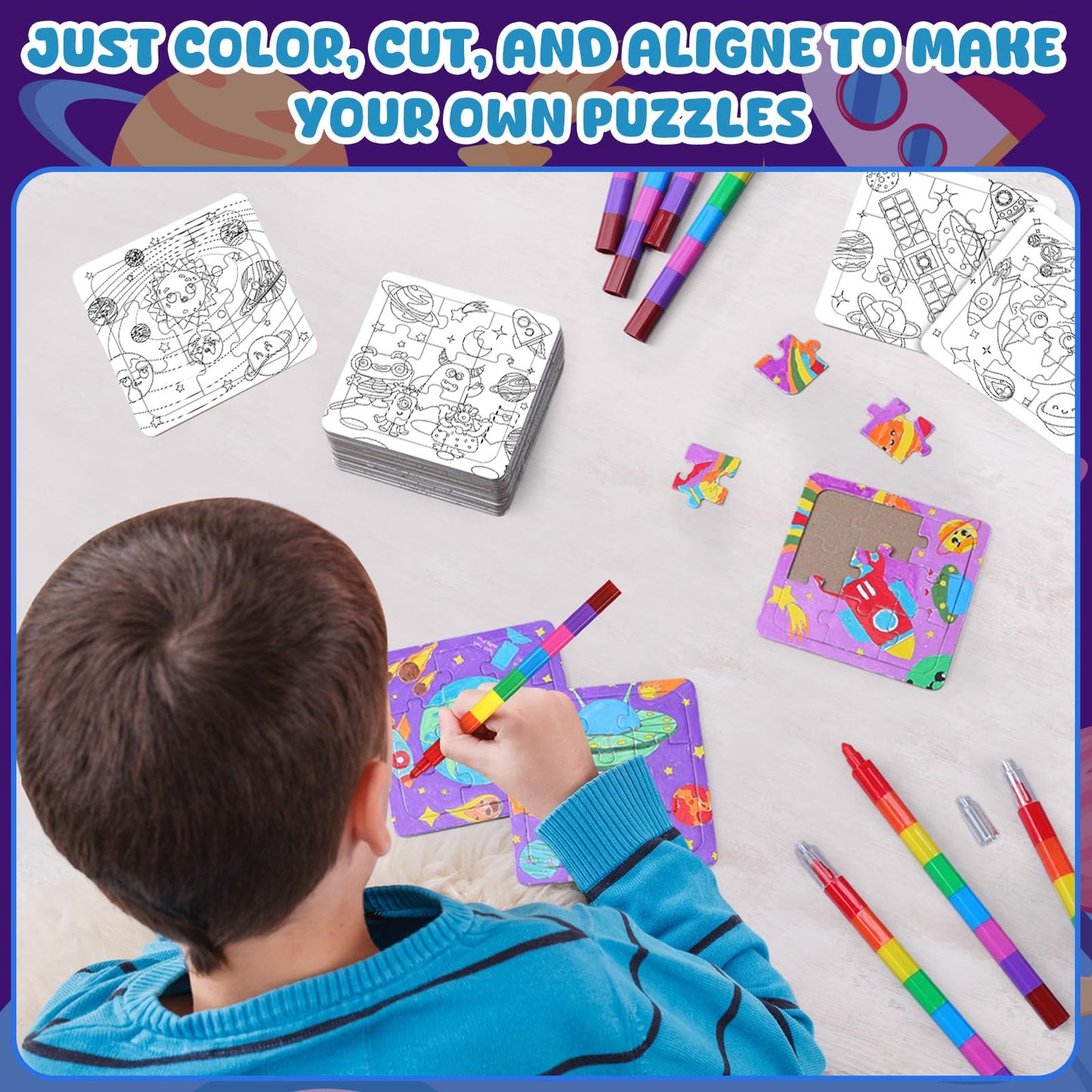 24 Pcs Space Puzzles Color Your Own Puzzles Astronaut Planet