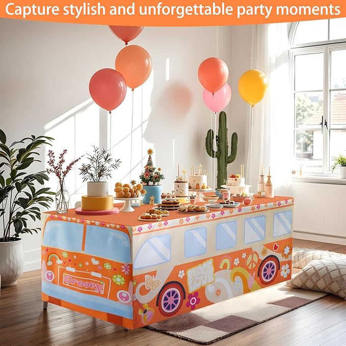 4Ft Groovy Bus Tablecloth,Hippie Birthday Party Decorations for 60s