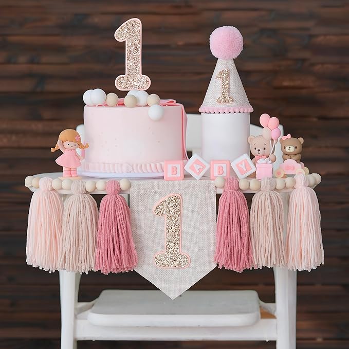 Pink 1st Birthday Decoration High Chair Banner for Girl 1st Birthday