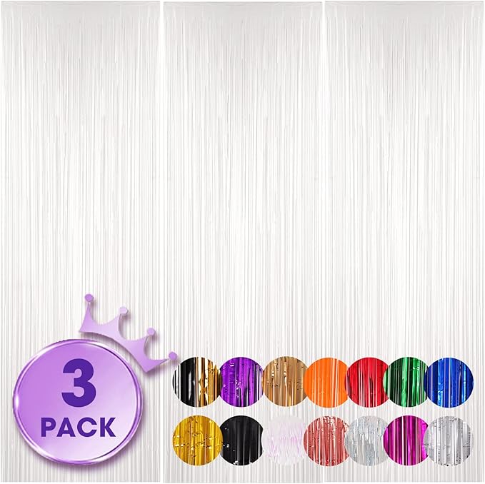 Voircoloria 3 Pack 3.3x8.2 Feet White Foil Fringe Backdrop Curtains,