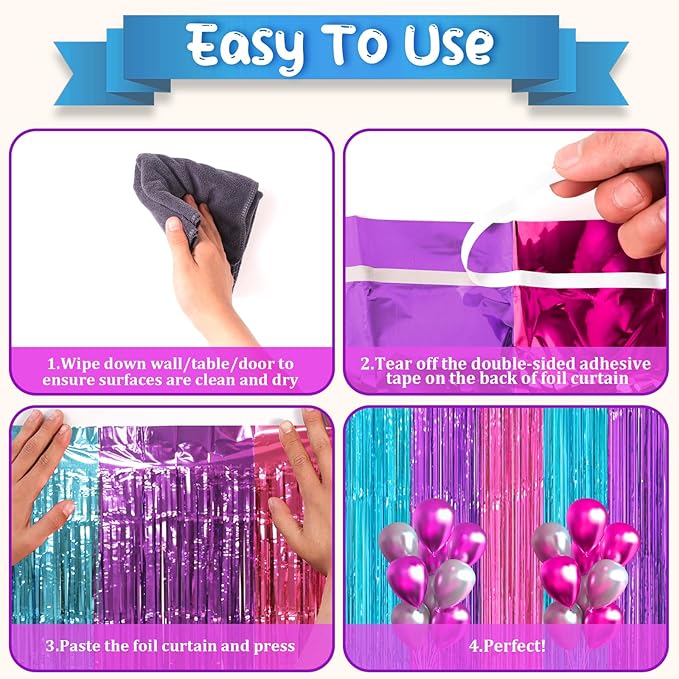 Voircoloria 3 Pack 3.3 x 8.2 ft Blue Purple Pink Foil Fringe Backdrop