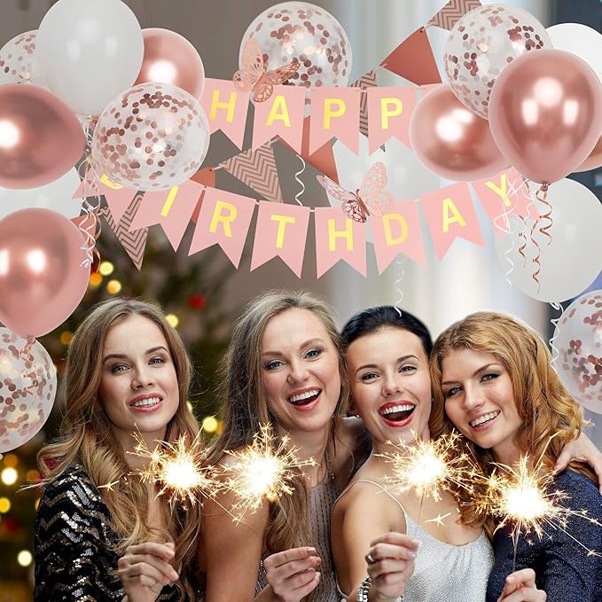 Rose Gold Birthday Decoration, 18 pcs 12 inch Happy Birthday Banner