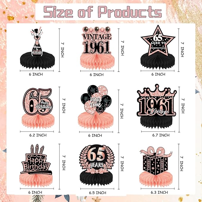 65th Birthday Decorations for Women, 9PCS Vintage Honeycomb
