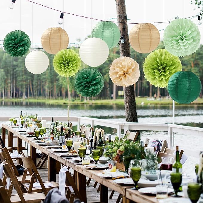 Sage Green Boho Party Decorations Paper Flowers Lanterns 15PCS