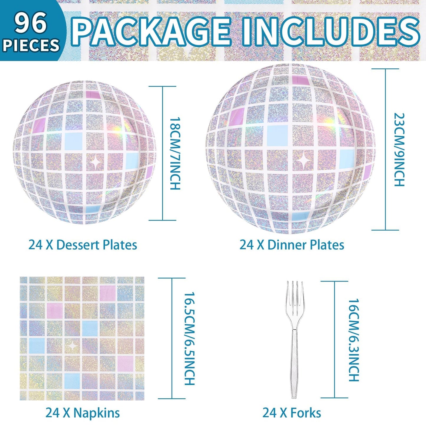 96Pcs Disco Party Supplies Pink Pastel Silver Disco Ball Plates and