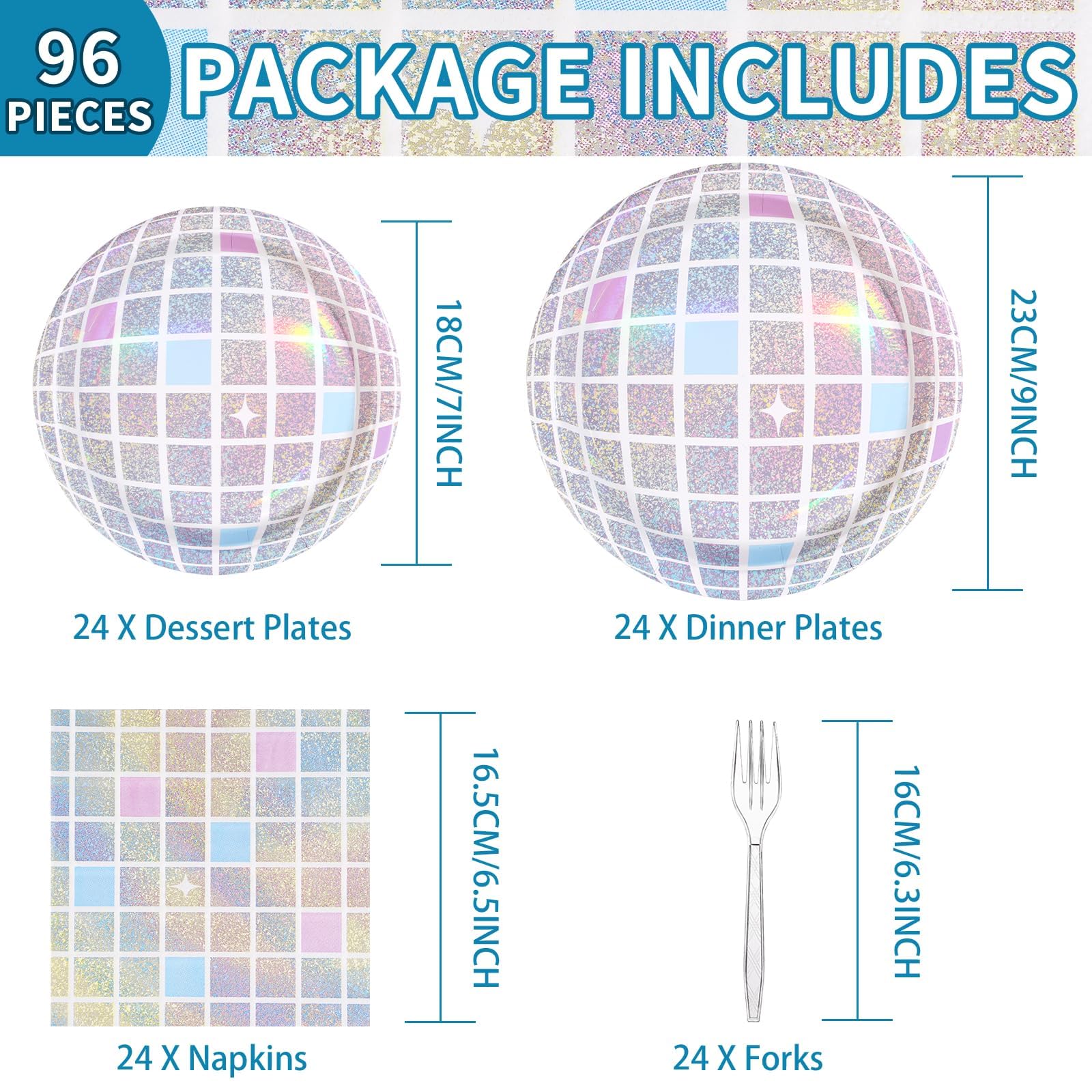 96Pcs Disco Party Supplies Pink Pastel Silver Disco Ball Plates and