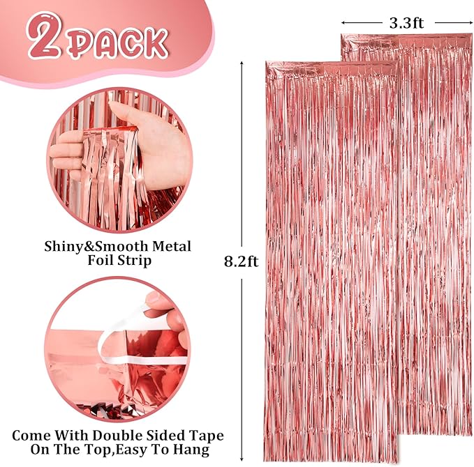 Voircoloria 2 Pack Rose Gold Foil Fringe Backdrop Curtains, Tinsel