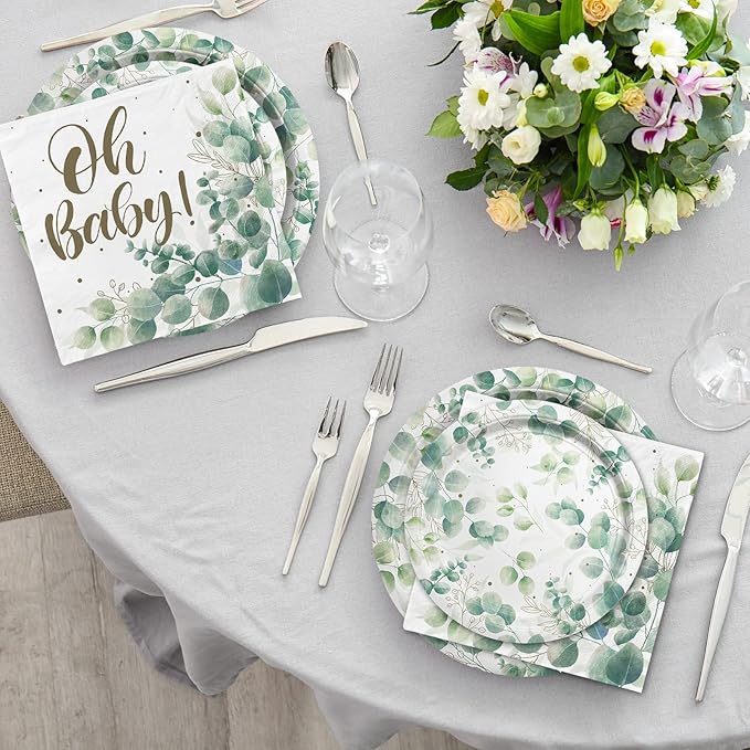 Sage Greenery Baby Shower Party Supplies Disposable Paper Plates
