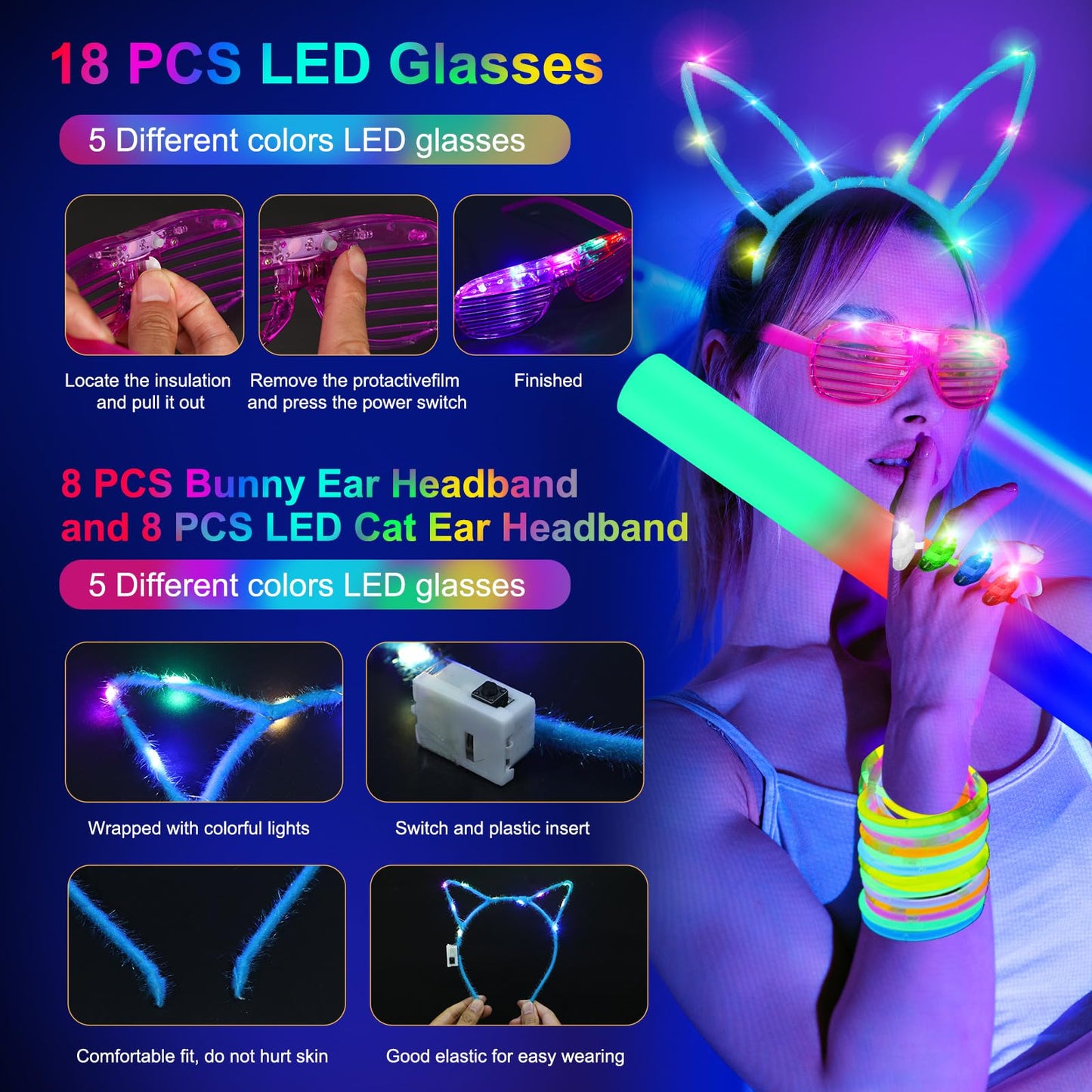 OLUPP 282 PCS Glow in the Dark Party Supplies, 18 Foam Sticks, 18 LED