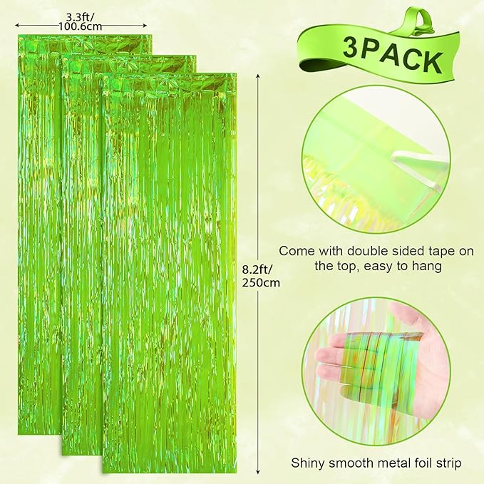 Voircoloria 3 Pack 3.3x8.2 Feet Neon Green Foil Fringe Backdrop