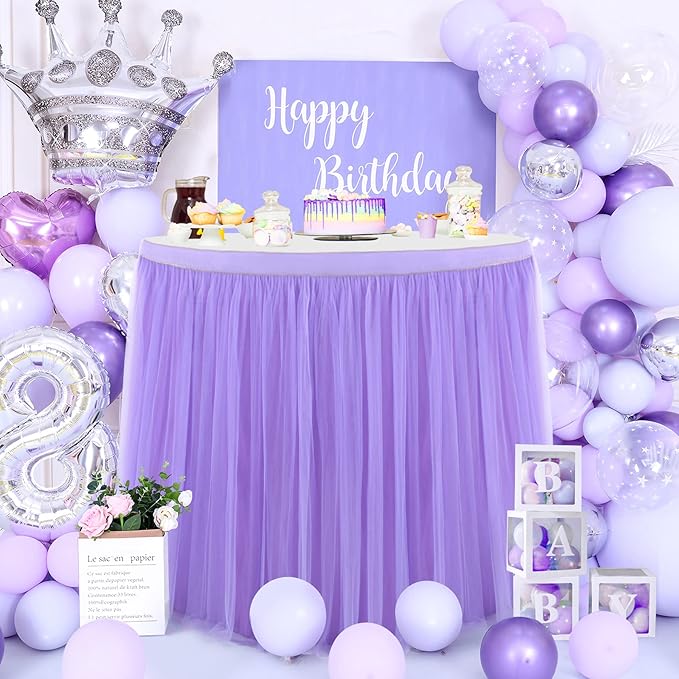 2 Pack 6ft Purple Table Skirt for Baby Shower Girl Lavender Tutu