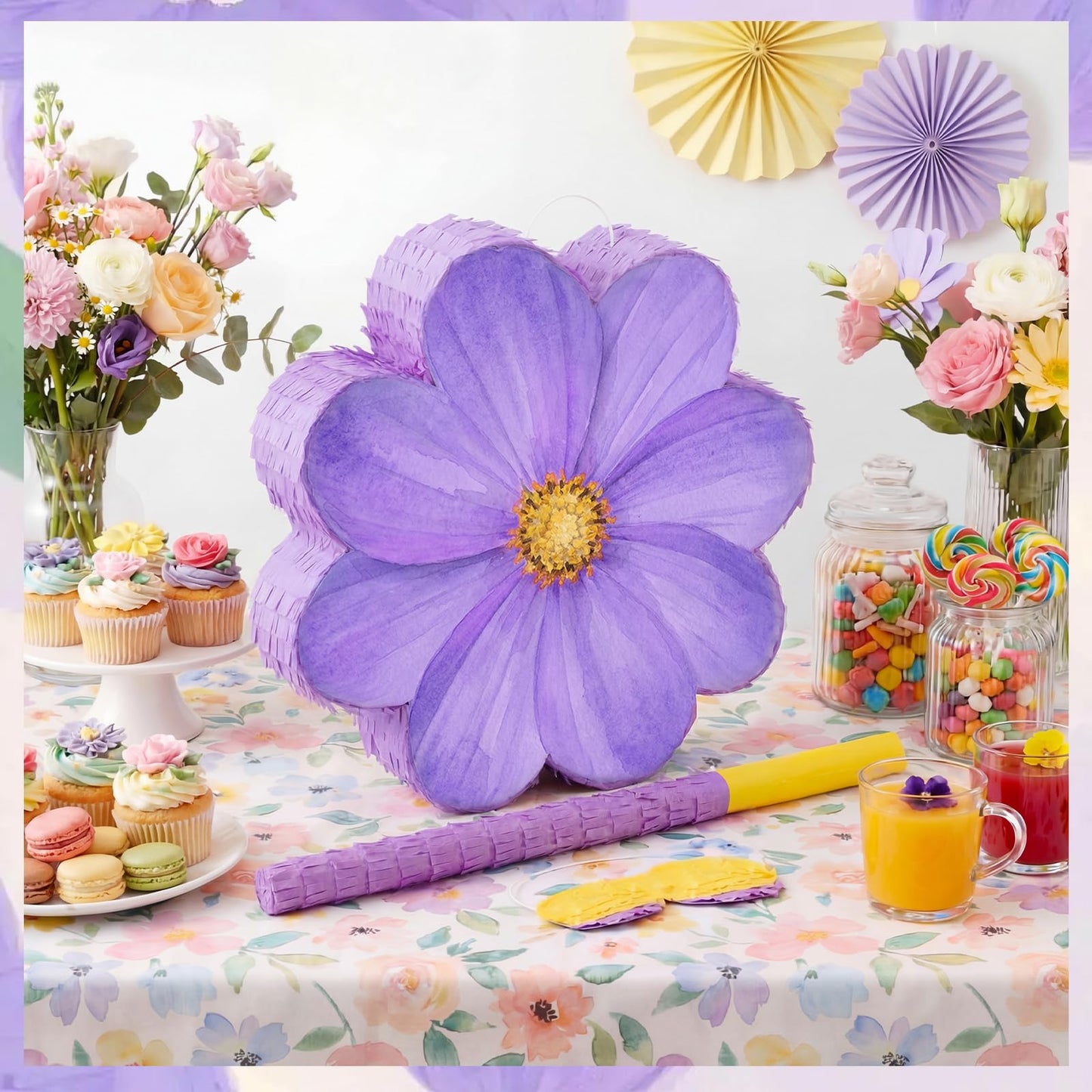 Aoriher Daisy Flower Piñata Set with Blindfold and Bat Purple Flower