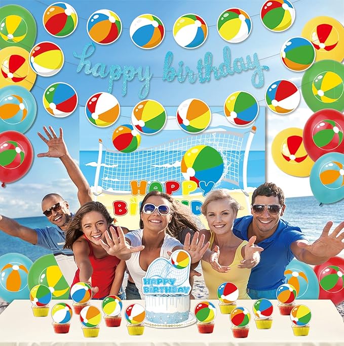 Beach Ball Birthday Party Decorations Includes Banner Cake Topper